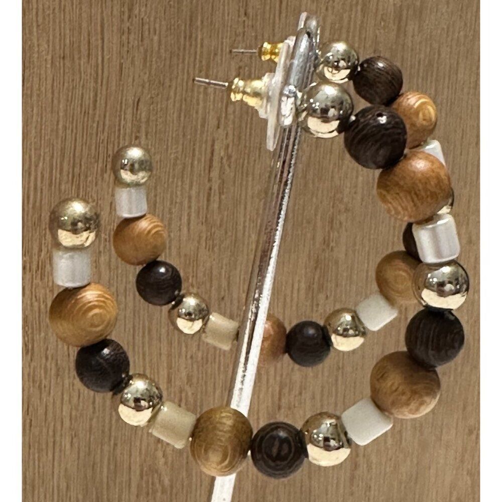 Wood Beaded Pierced Ears Hoop Earrings Boho Earthy Natural Neutral Wood
